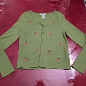 Green Cherry Embroidered Girls Cardigan Sweater Fits Like size 8-10
